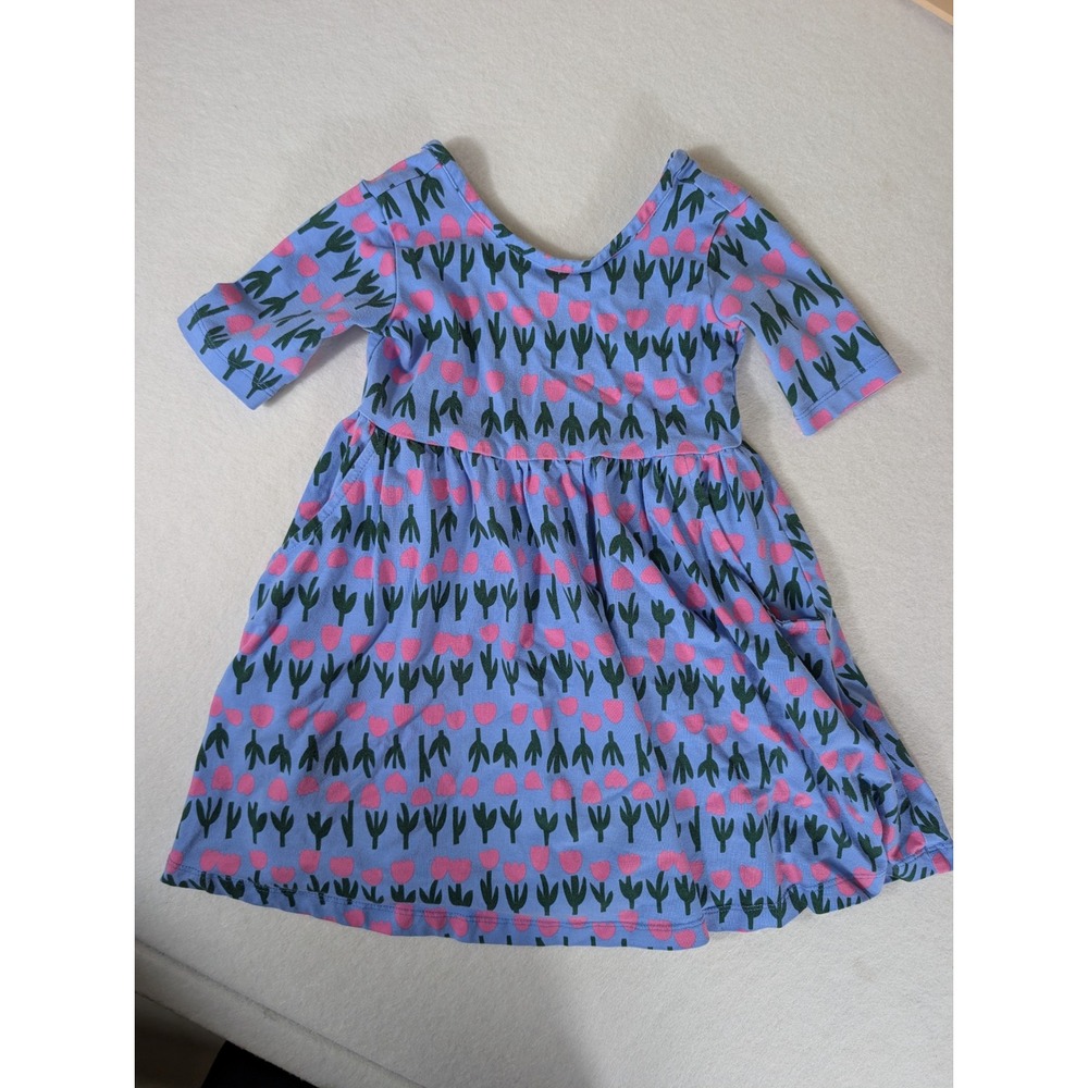 Hanna Andersson Kids Blue Pink Tulip Floral Pocket Dress 100cm US 4 Short Sleeve